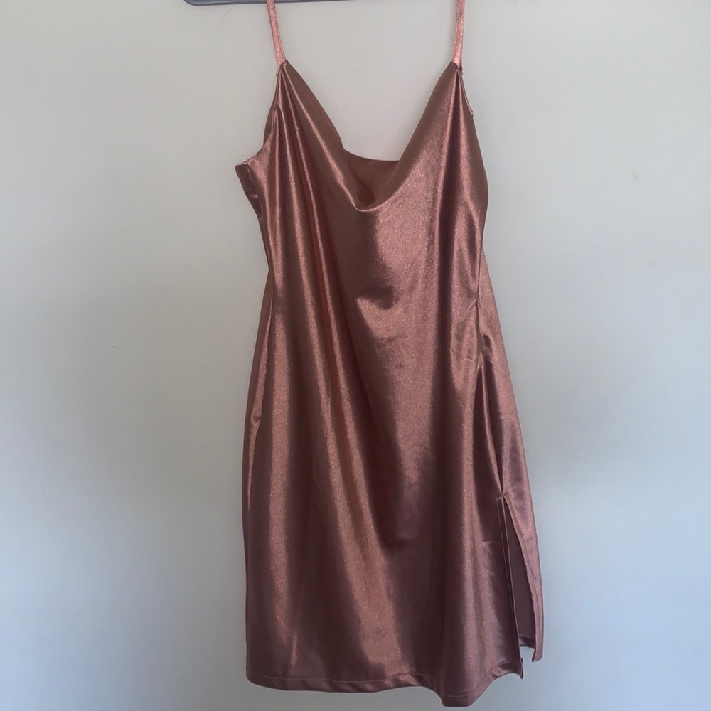 Pink satin cowl neck dress
